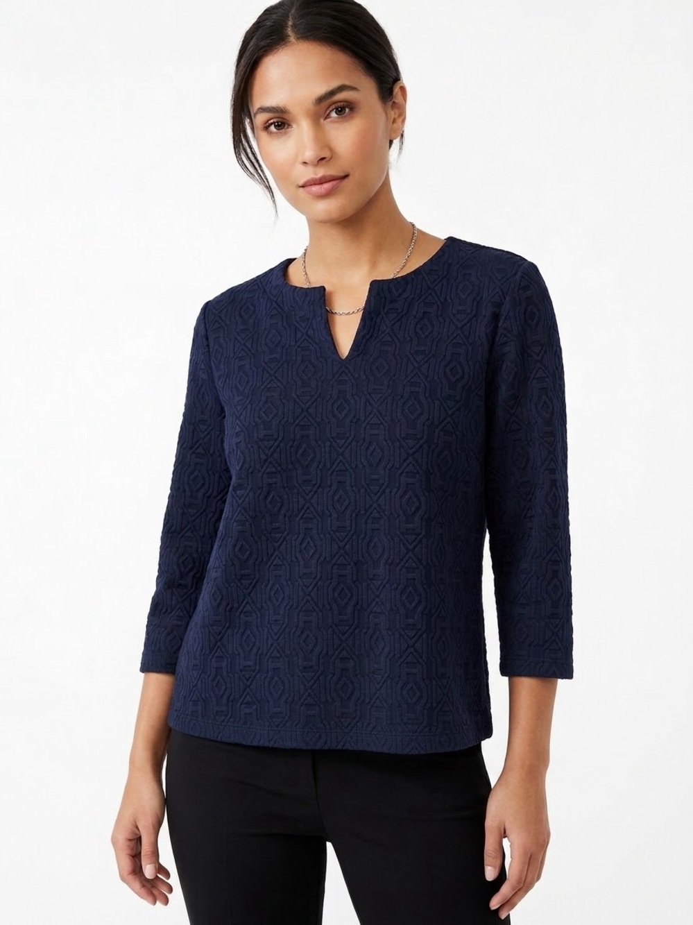 J.McLaughlin Navy Blue Catalina Cloth Textured Split Neck Top Size L Preppy